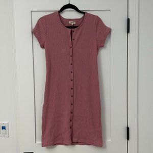 Madewell Women Button Front Short Sleeve Ribbed Minidress in Blush Pink